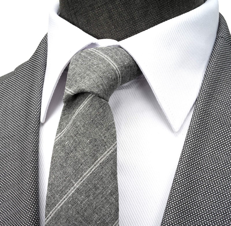BELLUNO 2.5 inch Skinny Tie for Men, Cotton Linen Slim Neckties Gray Stripe - Image 3